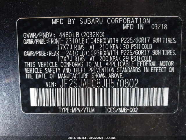 Aukcja sprzedaży 2018 Subaru Forester Premium, vin: JF2SJAEC8JH570802, numer aukcji: 37387254