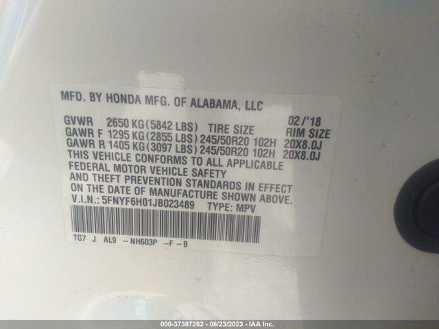 Honda Pilot Elite 2018 5FNYF6H01JB023489 Image 9