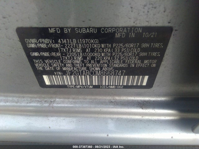 2021 SUBARU CROSSTREK VIN: JF2GTABC0M8668747