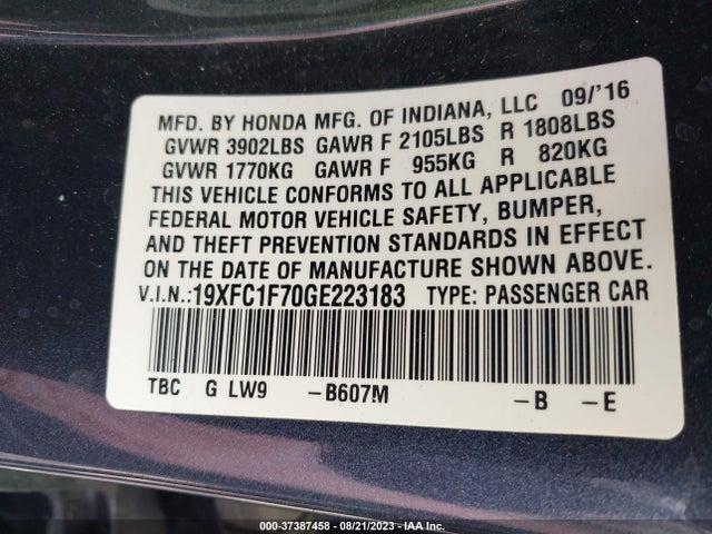 2016 HONDA CIVIC SEDAN EX-L VIN: 19XFC1F70GE223183