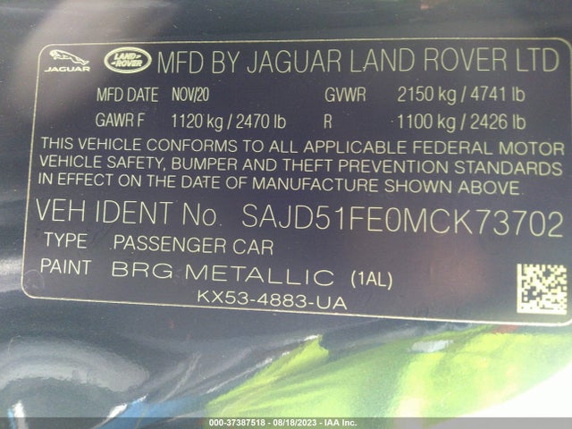 Продаж на аукціоні авто 2021 Jaguar F-type R, vin: SAJD51FE0MCK73702, номер лоту: 37387518