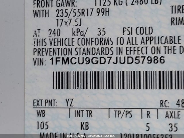 2018 FORD ESCAPE SE VIN: 1FMCU9GD7JUD57986