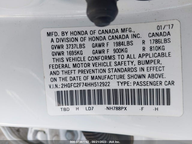 2017 HONDA CIVIC SEDAN EX VIN: 2HGFC2F74HH512922