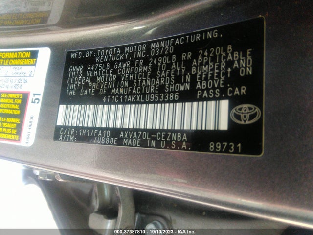 Toyota CAMRY LE 2020 4T1C11AKXLU953386 Image 9