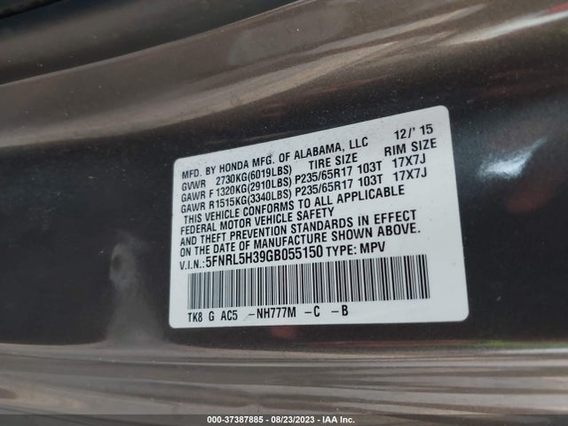 Honda ODYSSEY SE 2016 5FNRL5H39GB055150 Image 9