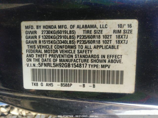 5FNRL5H92GB154817 Honda Odyssey Touring/touring Elite