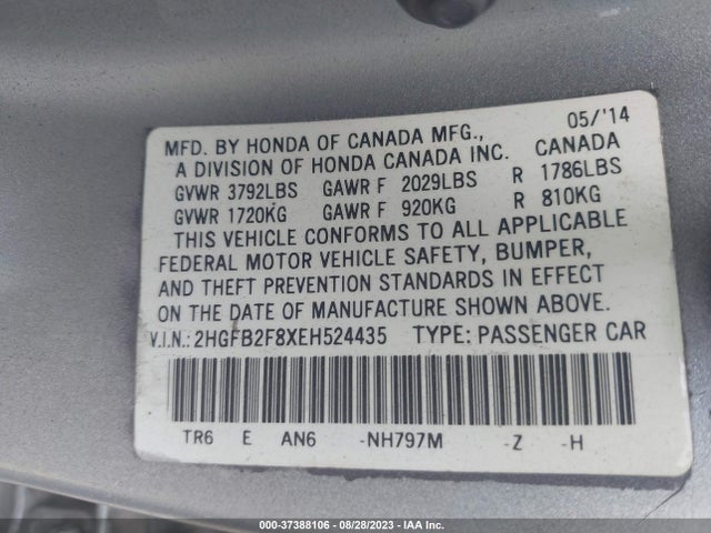 2014 HONDA CIVIC SEDAN EX VIN: 2HGFB2F8XEH524435