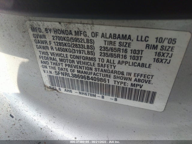 2006 HONDA ODYSSEY EX-L VIN: 5FNRL38696B409861