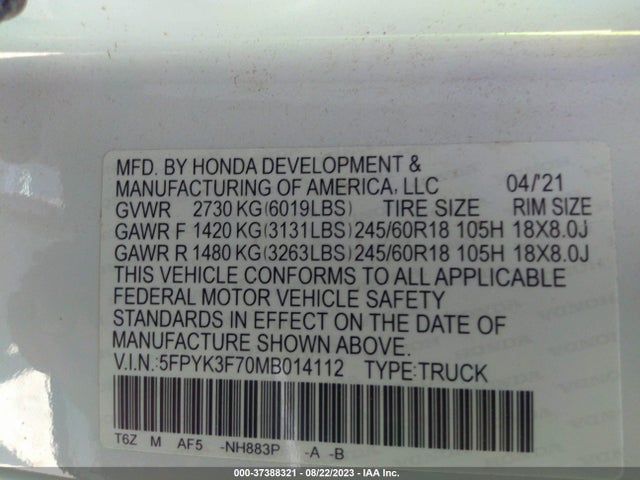 Honda Ridgeline Rtl-e 2021 5FPYK3F70MB014112 Image 9