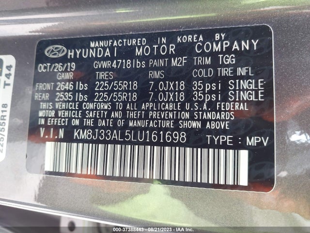 2020 HYUNDAI TUCSON SEL VIN: KM8J33AL5LU161698