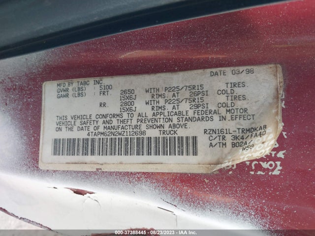 1998 TOYOTA TACOMA VIN: 4TAPM62N2WZ112698