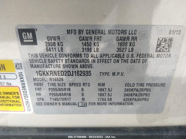 2013 GMC ACADIA SLE VIN: 1GKKRNED2DJ162935