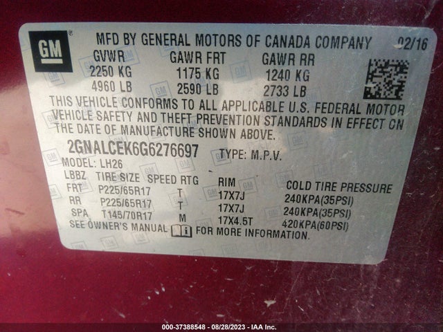 Chevrolet EQUINOX LT 2016 2GNALCEK6G6276697 Image 9