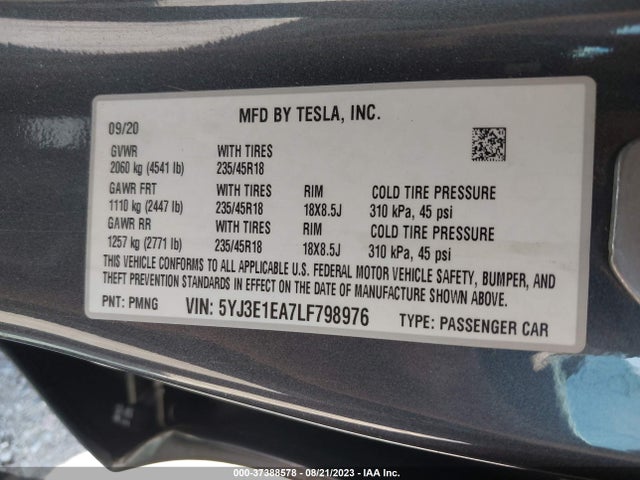 Tesla Model 3 Standard Range 2020 5YJ3E1EA7LF798976 Image 9