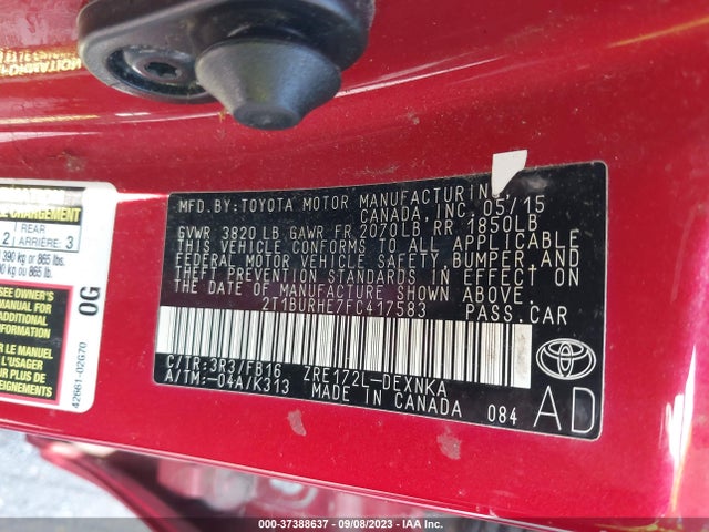 2015 TOYOTA COROLLA L/LE/S/S PLUS/LE PLUS VIN: 2T1BURHE7FC417583