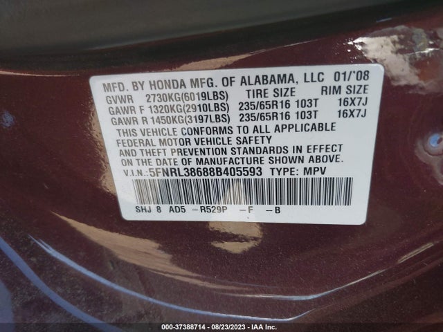 2008 HONDA ODYSSEY EX-L VIN: 5FNRL38688B405593