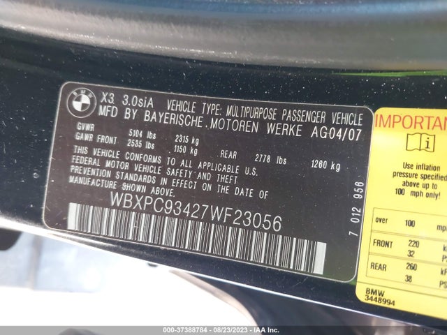 2007 BMW X3 3.0SI VIN: WBXPC93427WF23056