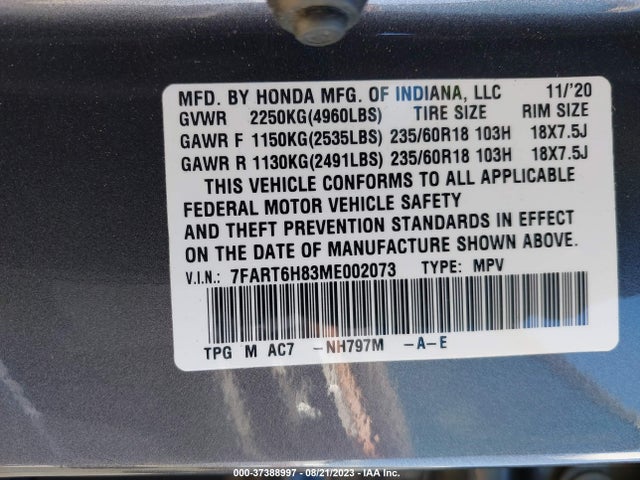 2021 HONDA CR-V HYBRID EX-L VIN: 7FART6H83ME002073