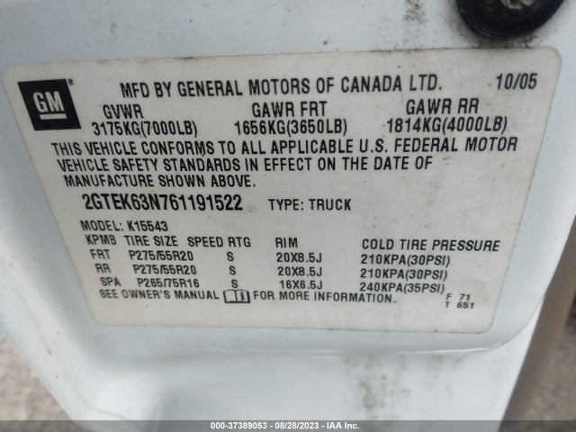 2006 GMC SIERRA DENALI VIN: 2GTEK63N761191522