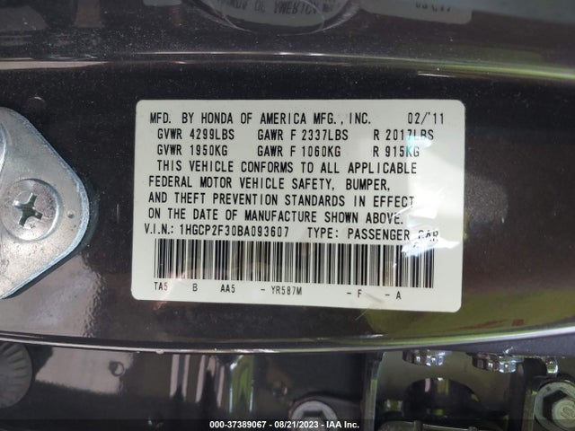 2011 HONDA ACCORD SDN LX VIN: 1HGCP2F30BA093607