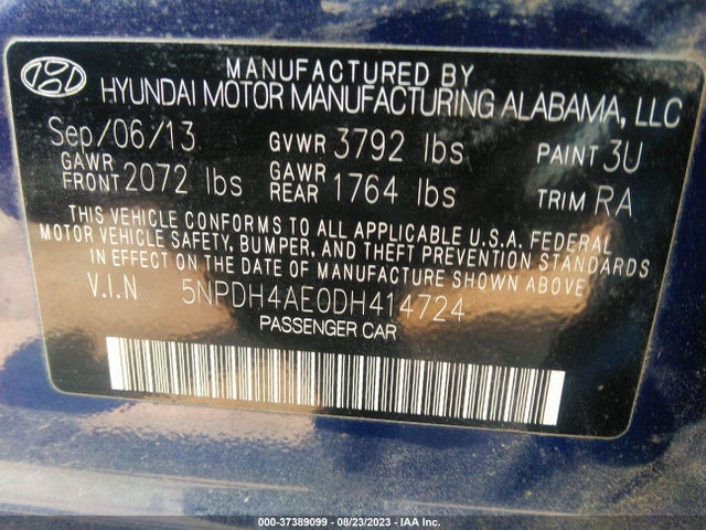 2013 HYUNDAI ELANTRA GLS VIN: 5NPDH4AE0DH414724