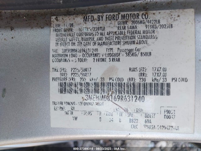 2009 MERCURY MILAN PREMIER VIN: 3MEHM08169R631240