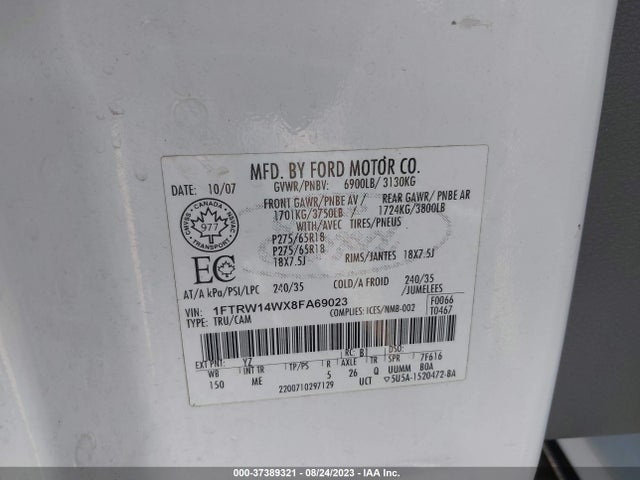 2008 FORD F-150 XL/XLT/60TH ANNIVERSARY VIN: 1FTRW14WX8FA69023