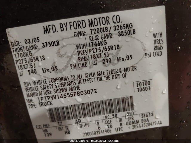 2005 FORD F-150 XLT/FX4/LARIAT/KING RANCH VIN: 1FTPW14555FB03072