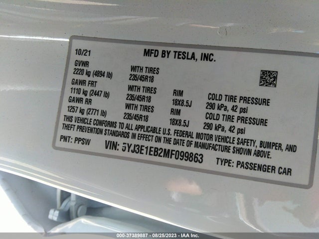 Tesla Model 3 Long Range 2021 5YJ3E1EB2MF099863 Image 17