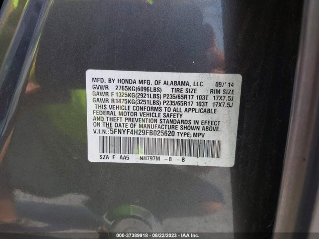 Honda PILOT LX 2015 5FNYF4H29FB025620 Image 9