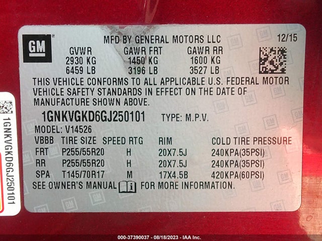 Chevrolet Traverse Lt 2016 1GNKVGKD6GJ250101 Image 9