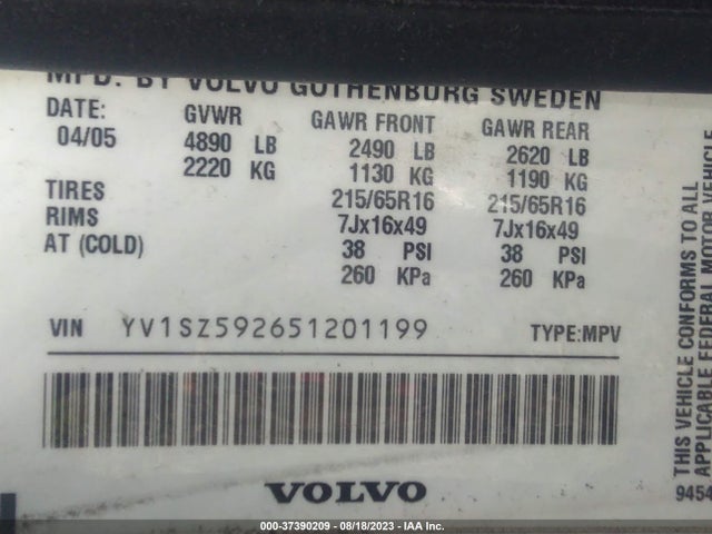 2005 VOLVO XC70 VIN: YV1SZ592651201199