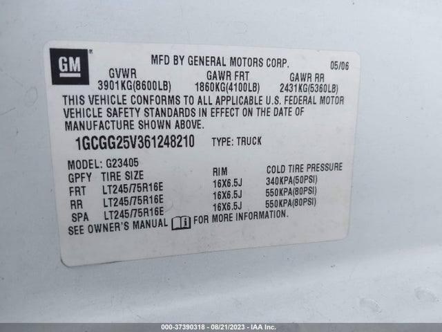 2006 CHEVROLET EXPRESS WORK VAN VIN: 1GCGG25V361248210
