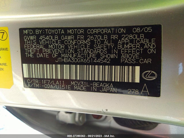 2006 LEXUS ES 330 VIN: JTHBA30GX65144542
