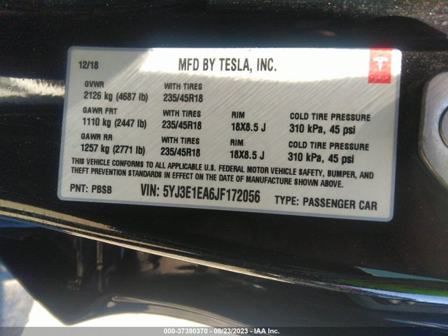 Tesla Model 3 Range Battery 2018 5YJ3E1EA6JF172056 Image 9