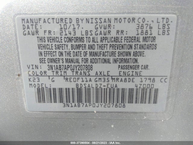 2018 NISSAN SENTRA SV VIN: 3N1AB7AP0JY207808
