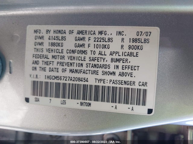 2007 HONDA ACCORD SDN EX/EX-L VIN: 1HGCM56727A208454