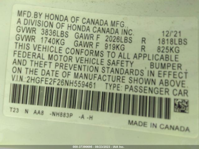 2HGFE2F26NH559461 Honda Civic Sedan Lx