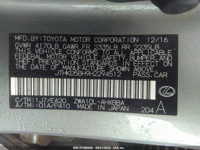 2017 Lexus CT, VIN: JTHKD5BH9H2294512