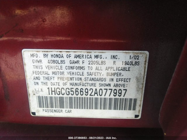 2002 HONDA ACCORD SDN EX VIN: 1HGCG56692A077997