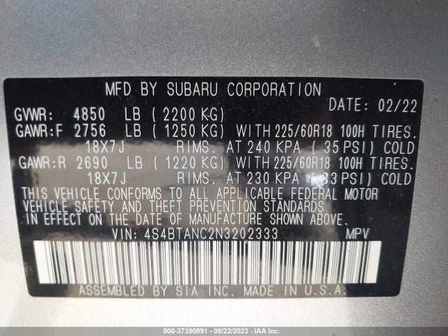 2022 SUBARU OUTBACK LIMITED VIN: 4S4BTANC2N3202333