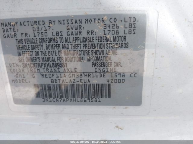 3N1CN7APXHL869581 Nissan Versa Sedan S Plus