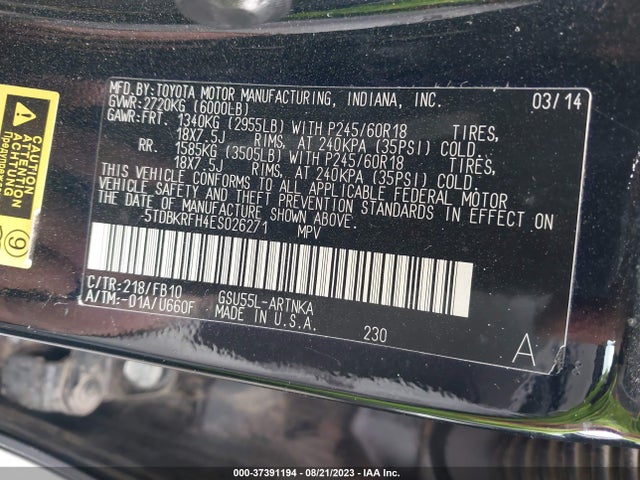 2014 TOYOTA HIGHLANDER LE VIN: 5TDBKRFH4ES026271