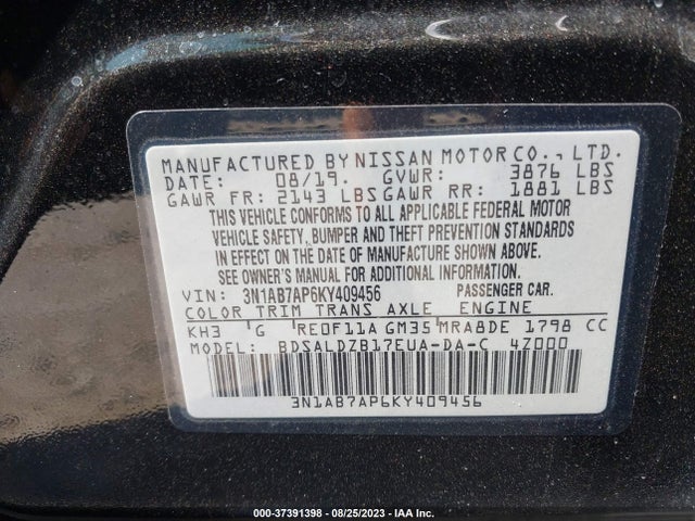 Nissan SENTRA SV 2019 3N1AB7AP6KY409456 Image 9