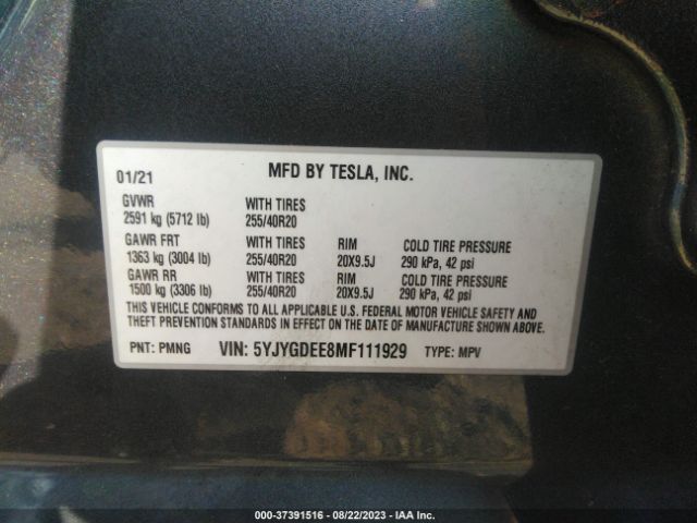 2021 TESLA MODEL Y 5YJYGDEE8MF111929 Photo 8