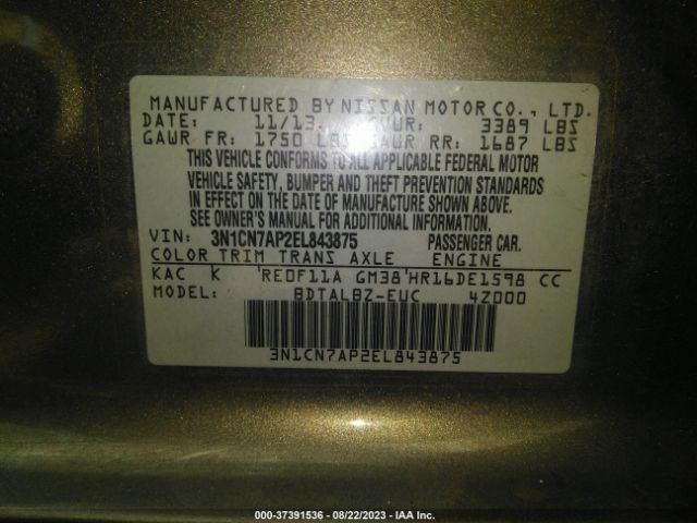 3N1CN7AP2EL843875 Nissan VERSA SV