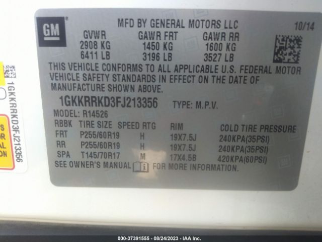 1GKKRRKD3FJ213356 GMC ACADIA SLT