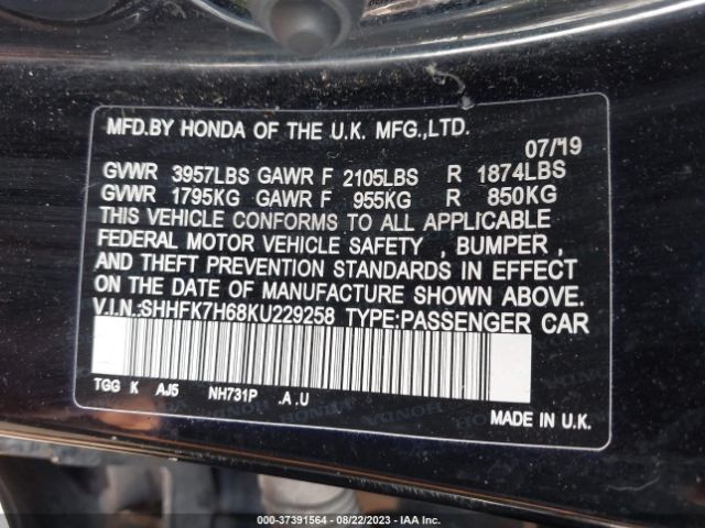 SHHFK7H68KU229258 Honda CIVIC EX