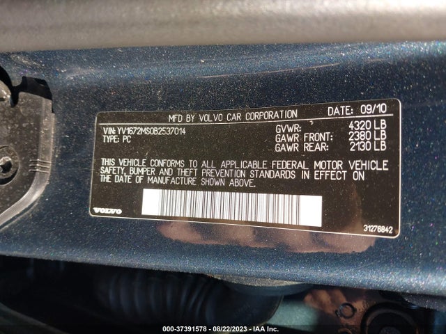 2011 VOLVO S40 VIN: YV1672MS0B2537014