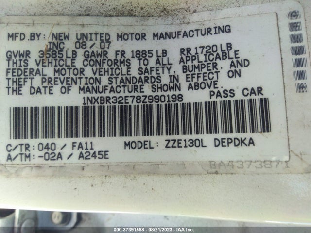 2008 TOYOTA COROLLA CE/S/LE VIN: 1NXBR32E78Z990198